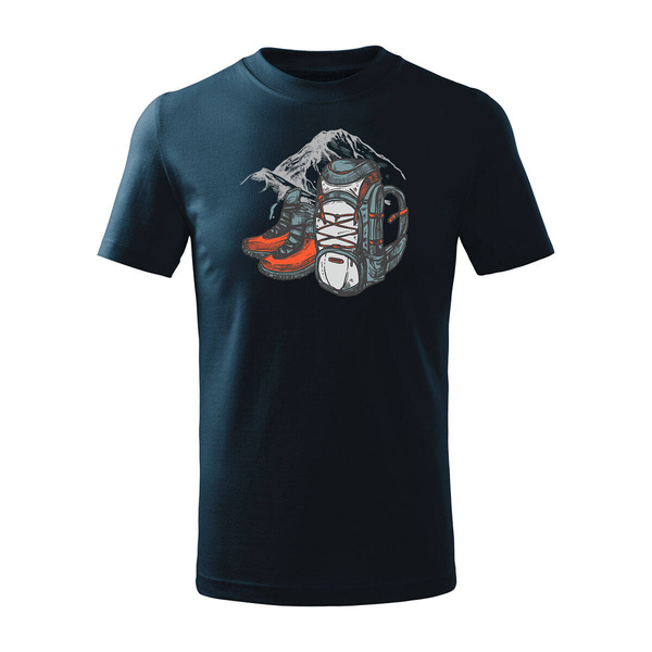 Koszulka dla dzieci dziecięca z plecakiem z górami w góry turystyczna trekkingowa granatowa