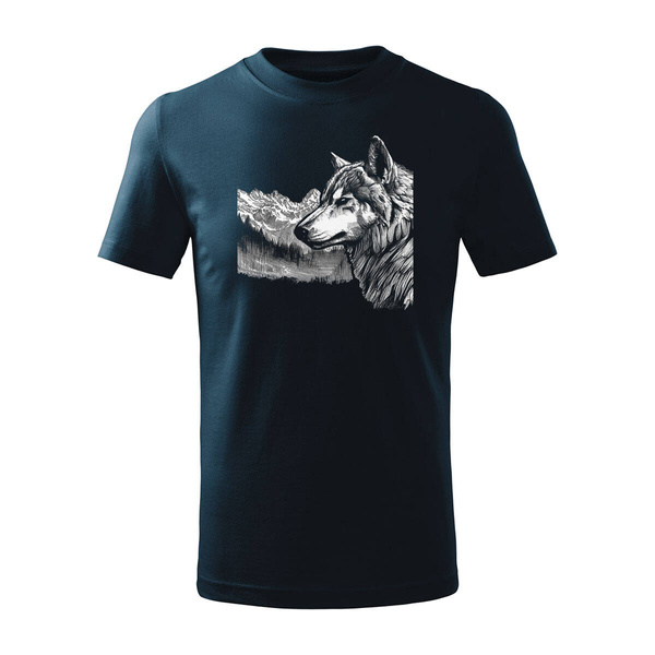 Koszulka dla dzieci dziecięca z wilkiem wilk w góry z górami Bieszczady Tatry granatowa