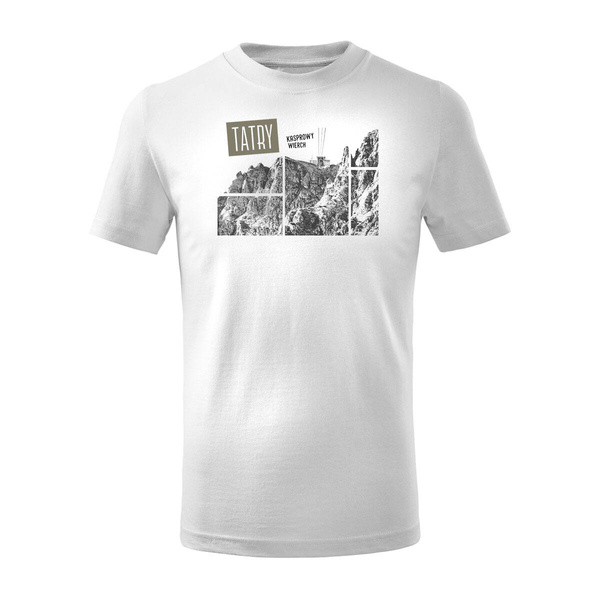 Koszulka dla dzieci dziecięca z górami w góry turystyczna z Tatrami Tatry Kasprowy Wierch trekkingowa biała
