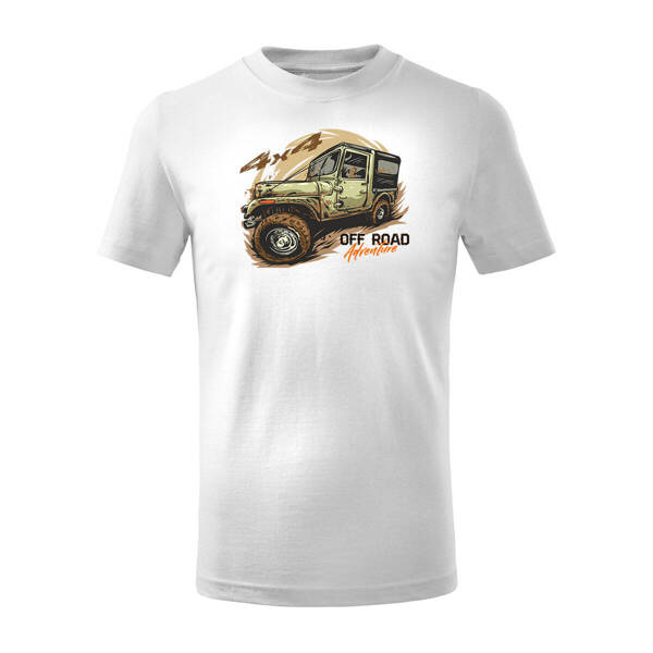 Koszulka dla dzieci dziecięca rajdowa z jeepem jeep offroad off road off-road 4x4 biała